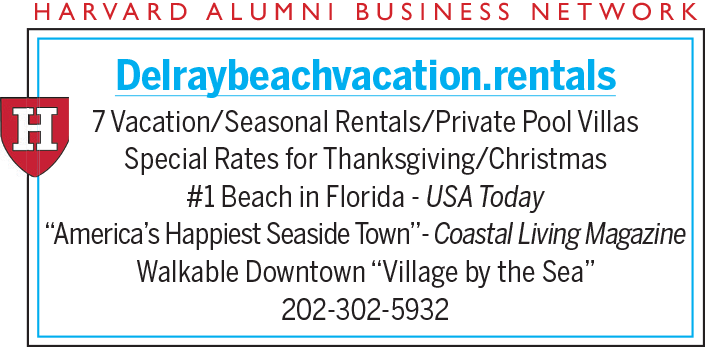 Text advertisement for Delray Beach vacation rentals with contact information and highlights.