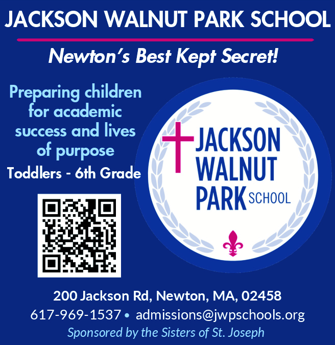 Logo and promotional information for Jackson Walnut Park School in Newton, MA.