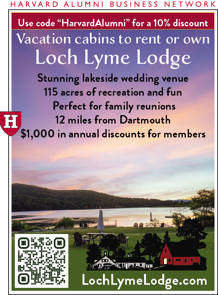 Promotional graphic for Loch Lyme Lodge featuring cabins, scenic lake view, and discounts.