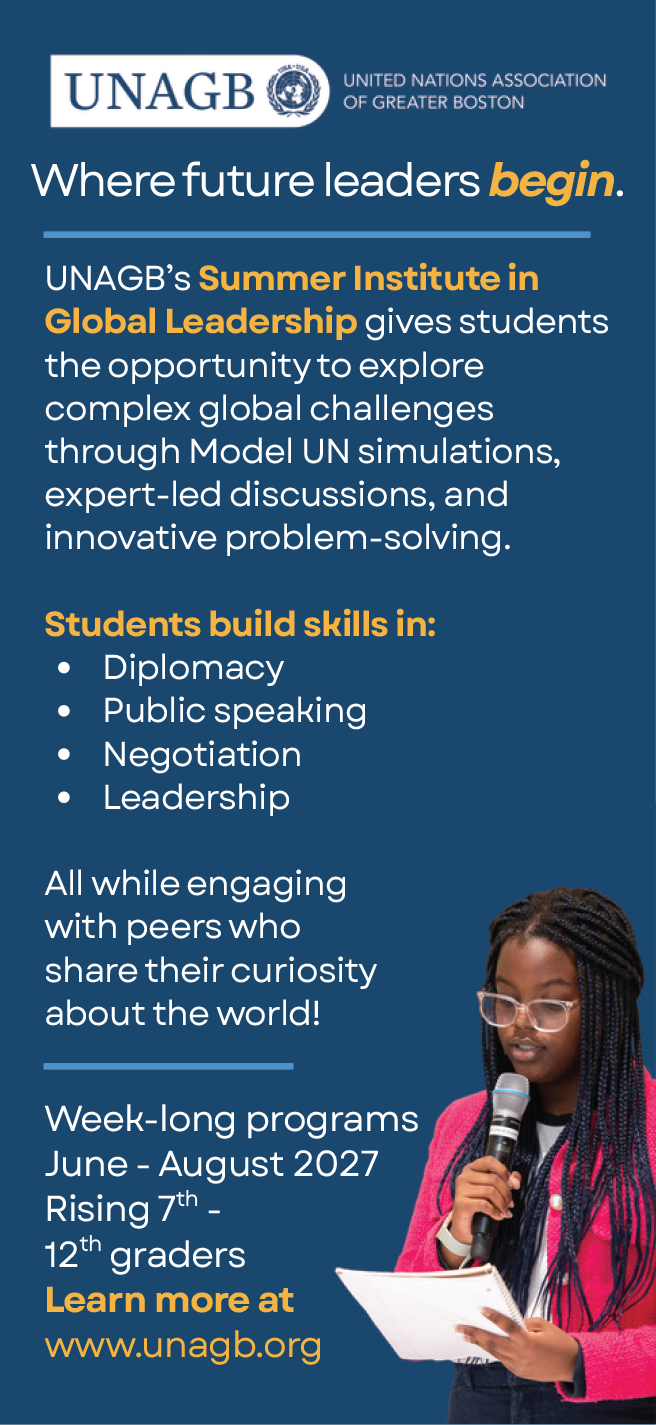 UNAGB Summer Institute flyer featuring a young woman speaking into a microphone.