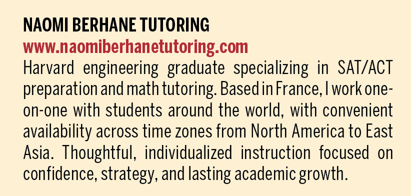 Naomi Berhane Tutoring overview, focusing on SAT/ACT prep and personalized math instruction.