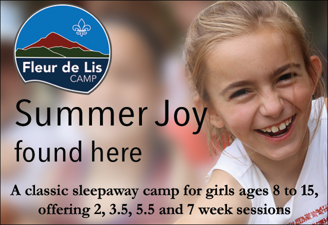 Smiling girl with long hair at a summer camp promotional graphic.