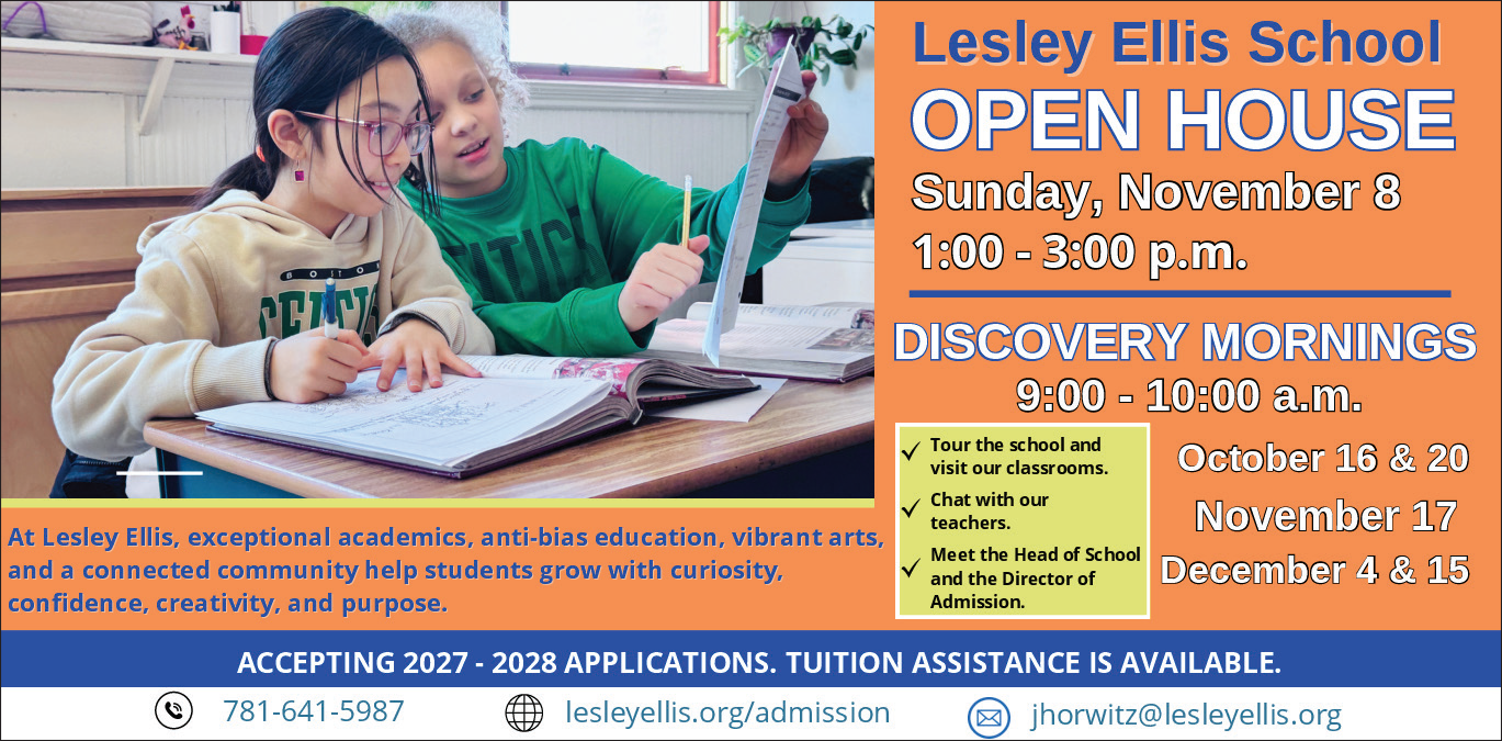 Two children studying at a desk, with a flyer for an open house event in the background.