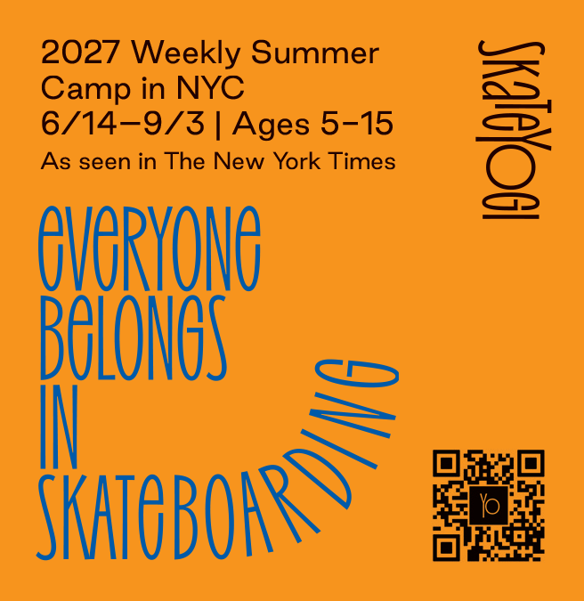 Orange flyer for a summer skateboarding camp, featuring bold blue text and a QR code.