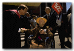 President Rudenstine greets the oldest alumna in the alumni parade. She is Evelyn Hoffman '20, 96, of  Newton Center, Massachusetts. 
