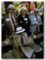 Stalwarts of the class of '46: standing, from left, James Harper, M.B.A. '48, of New York City, Rev. John Crocker Jr. of West Kingston, Rhode Island, and Gordon Allen Jr. of Carpinteria, California. Seated is Malcolm Rudolph of Palm Beach. 