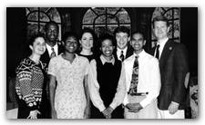 Why are these people smiling? Because they're the happy few voted in as marshals of the class of 1997, elected by their Harvard-Radcliffe classmates in mid October. Left to right they are: (front row) Christine M. Perez of Kirkland House and Dix Hills, New York; Millicent Ugochi Jaymes Odunze of Leverett House and Orem, Utah; Radcliffe first marshal Allyson Vanessa Hobbs of Adams House and Morristown, New Jersey; Vivek Maru of Pforzheimer House and Danbury, Connecticut; (back row) Harvard first marshal Eli Aheto of Cabot House and New York City; Marcia M. Turner of Lowell House and Wenatchee, Washington; Kevin Charles Scott of Lowell House and Baltimore; and John William Turner of Eliot House and Crockett, Texas.
