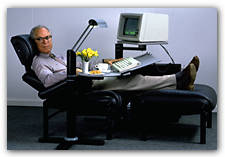 Nils Diffrient in his Jefferson Chair, at $6,500 the ultimate power seating of the dawning microcomputer age of the 1980s, and still in production.