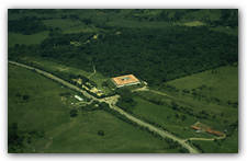 The museum as seen from the air, half-buried in the earth. At ground level, trees will eventually conceal the structure. 