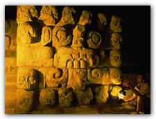 A sudden, fierce storm terrified workers reassembling this carved panel of the Central Mexican storm god, from above the hieroglyphic stairway. 