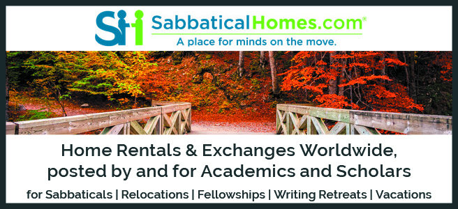 SabbaticalHomes.com. A place for minds on the moods. Home Rentals & Exchanges Worldwide, posted by and for Academics and Scholars. For sabbaticals, relocations, fellowships, writing retreats, vacations. Photo of a wooden bridge with trees with colored leaves in the background.