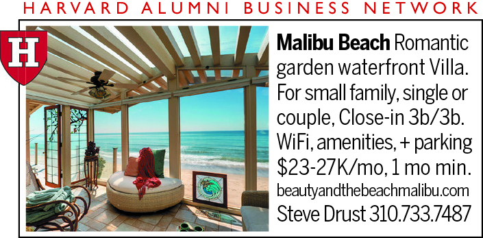 Malibu Beach. Romantic garden waterfront Villa. For small family, single, or couple, Close-in 3b/3b. WiFi, amenities + parking. $23-27K/mo, 1 mo. min. beautyandthebeachmalibu.com. Steve Drust, 310-733-7487. Harvard Alumni Business Network Advertiser. Photo of a glassed in, wooden structure with furniture overlooking the ocean.