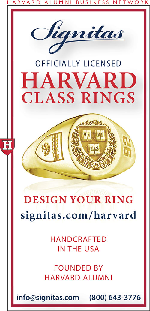 Gold Harvard class ring with Veritas symbol on the front