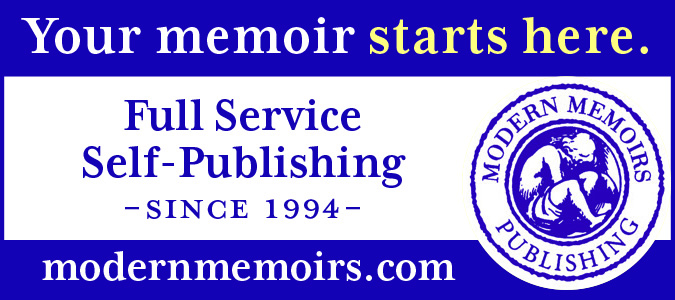 Modern Memoirs Publishing. Your memoir starts here. Full service self-publishing since 1994. modernmemoirs.com. Purple header and footer with white background and Modern Memoirs logo.