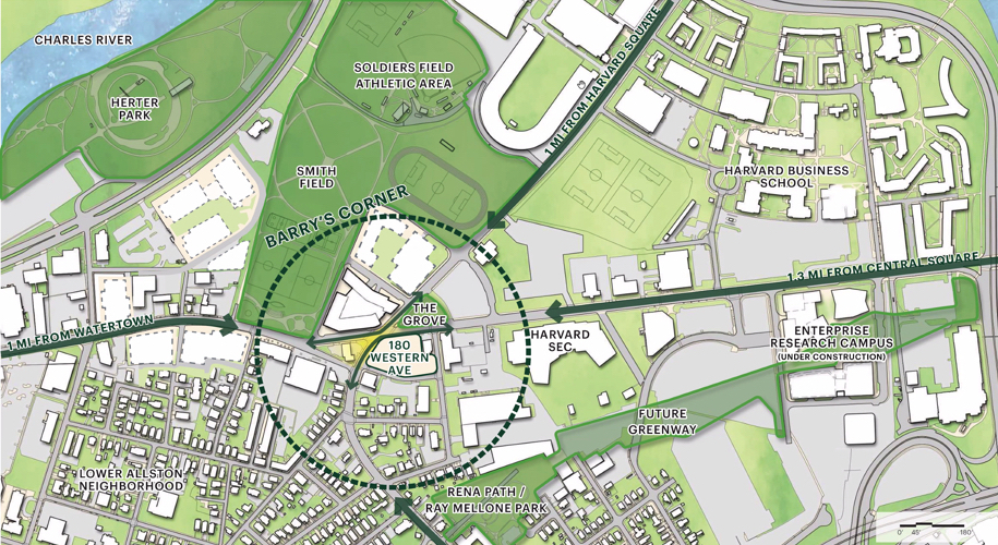 Map depicting 180 western ave in Lower Allston