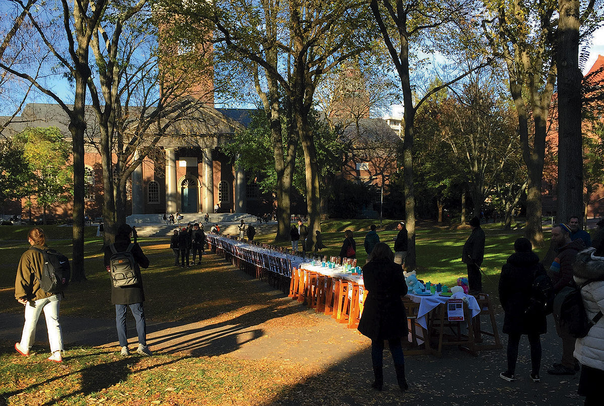 Photo of Shabbat table in Tercentenary Theatre November 3, remembering those kidnapped by Hamas October 7