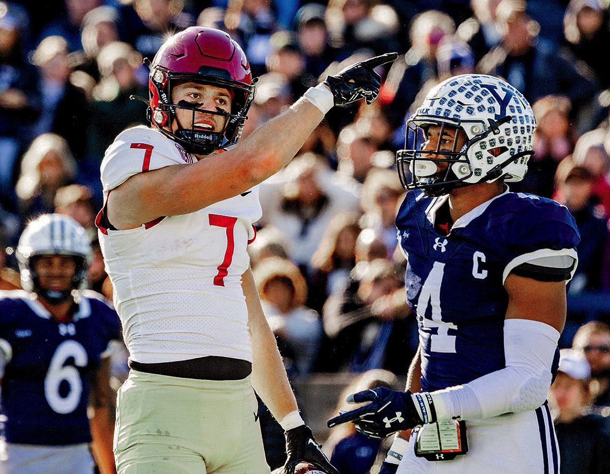 Senior wideout Kaedyn Odermann signals post-catch for a first down at Yale.