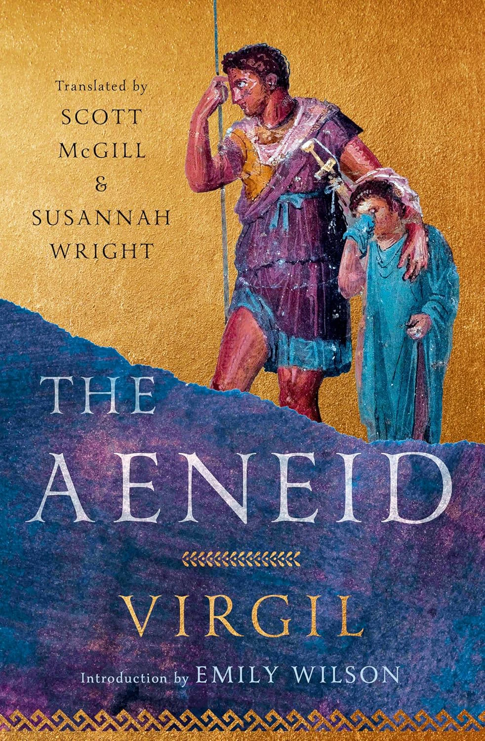 Book cover for "The Aeneid" by Virgil, translated by Scott McGill and Susannah Wright with a painting of a man and a child in Ancient Roman attire