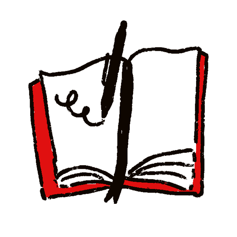 Illustration of a red book open with a black pen writing a squiggle in it
