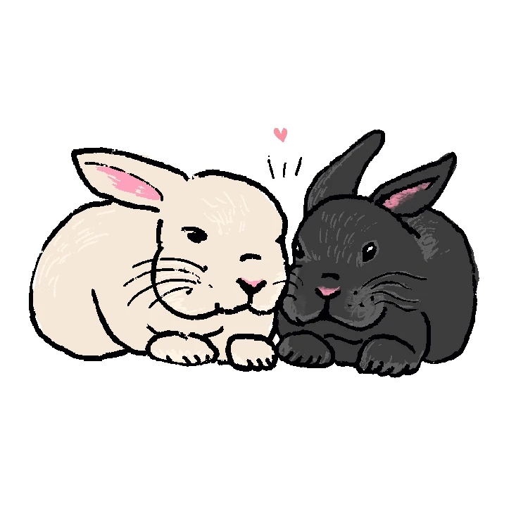 Illustration of a white rabbit and a black rabbit sitting cheek to cheek with a hear overhead