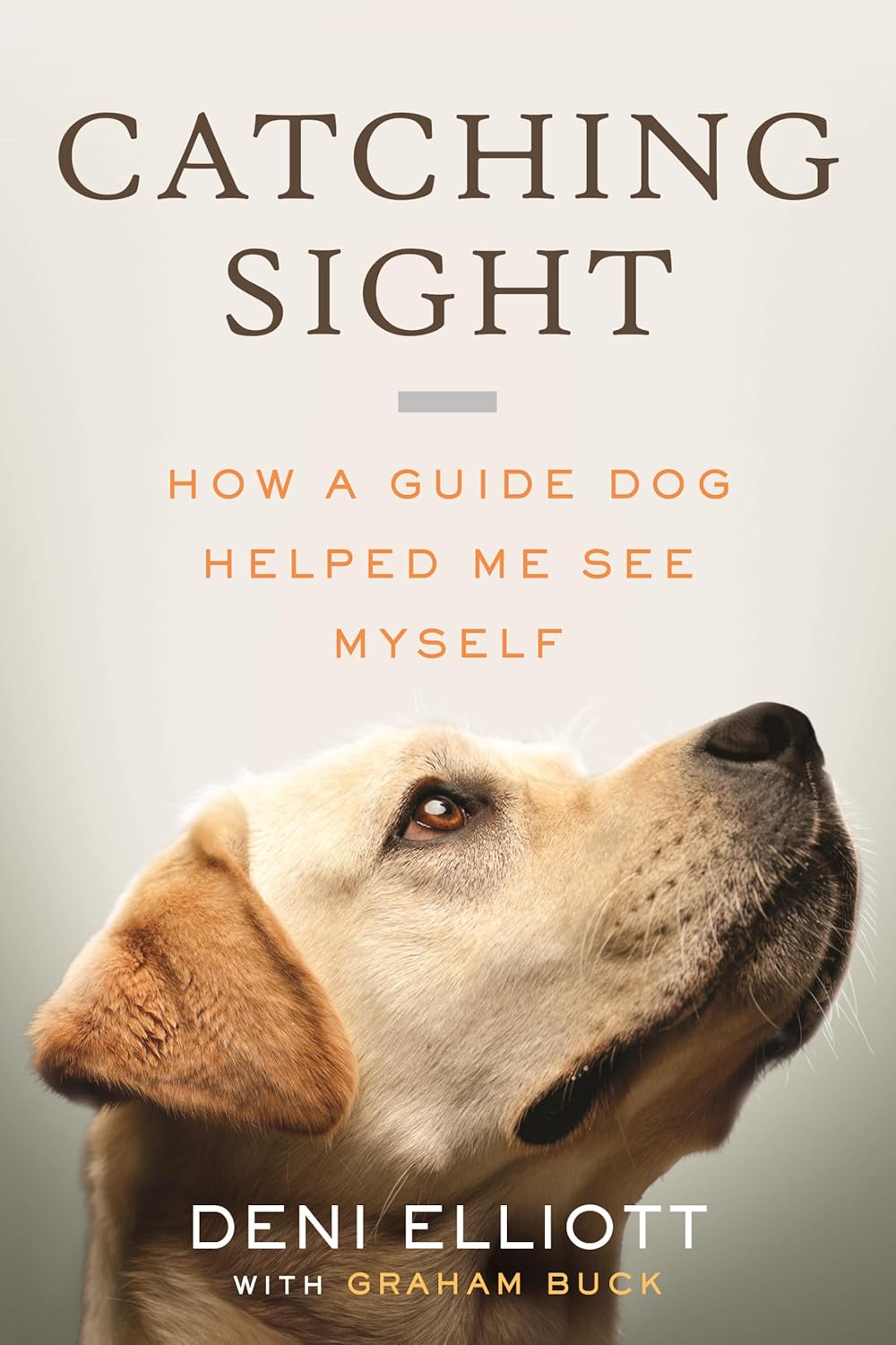 Book cover for "Catching Sight: How a Guide Dog Helped Me See Myself" by Deni Elliot with a close up of a yellow lab dog