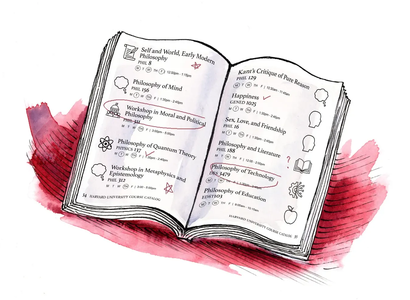 Open course book on a red background with a list of Philosophy courses on each page next to an icon