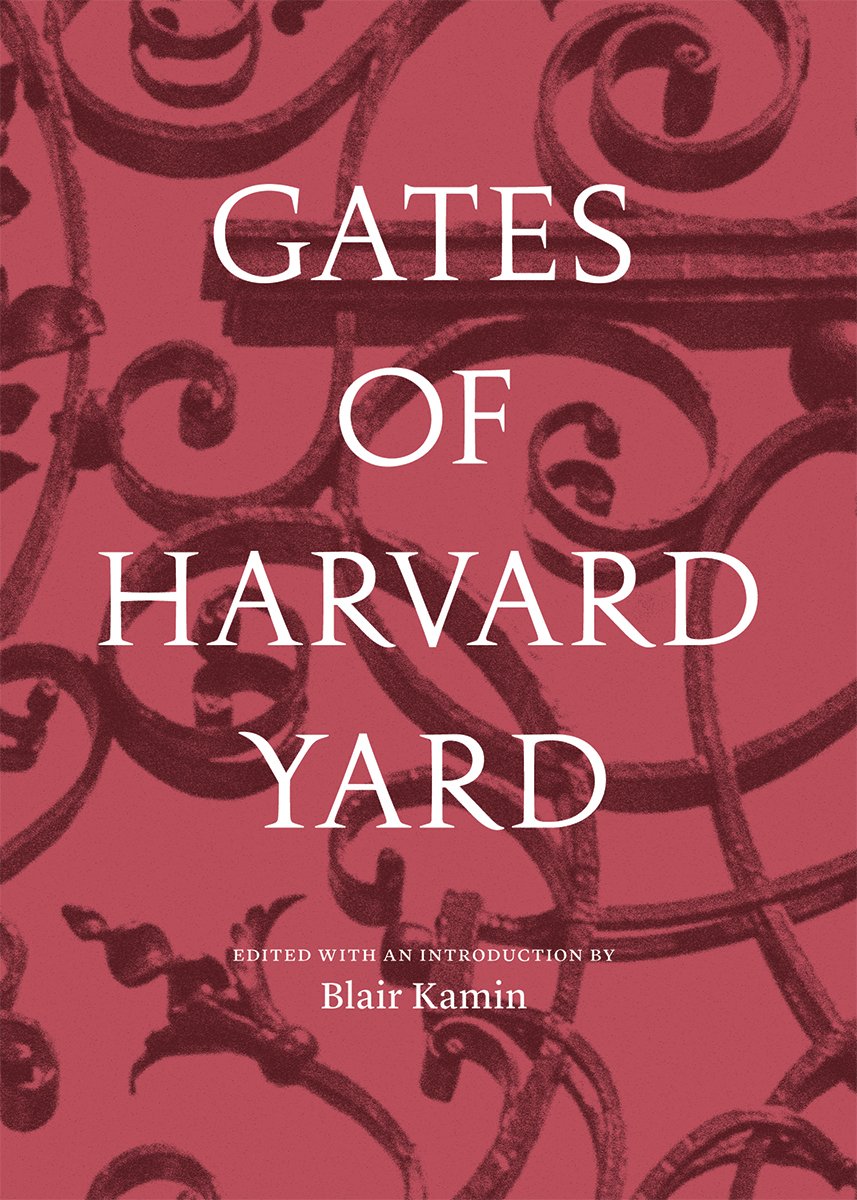 Book cover of "Gates of Harvard Yard" with a close up of wrought iron swirling gate with a red overlay