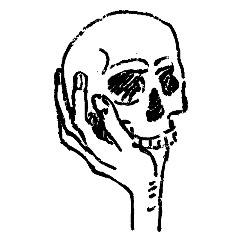 Illustration of a hand holding a human skull
