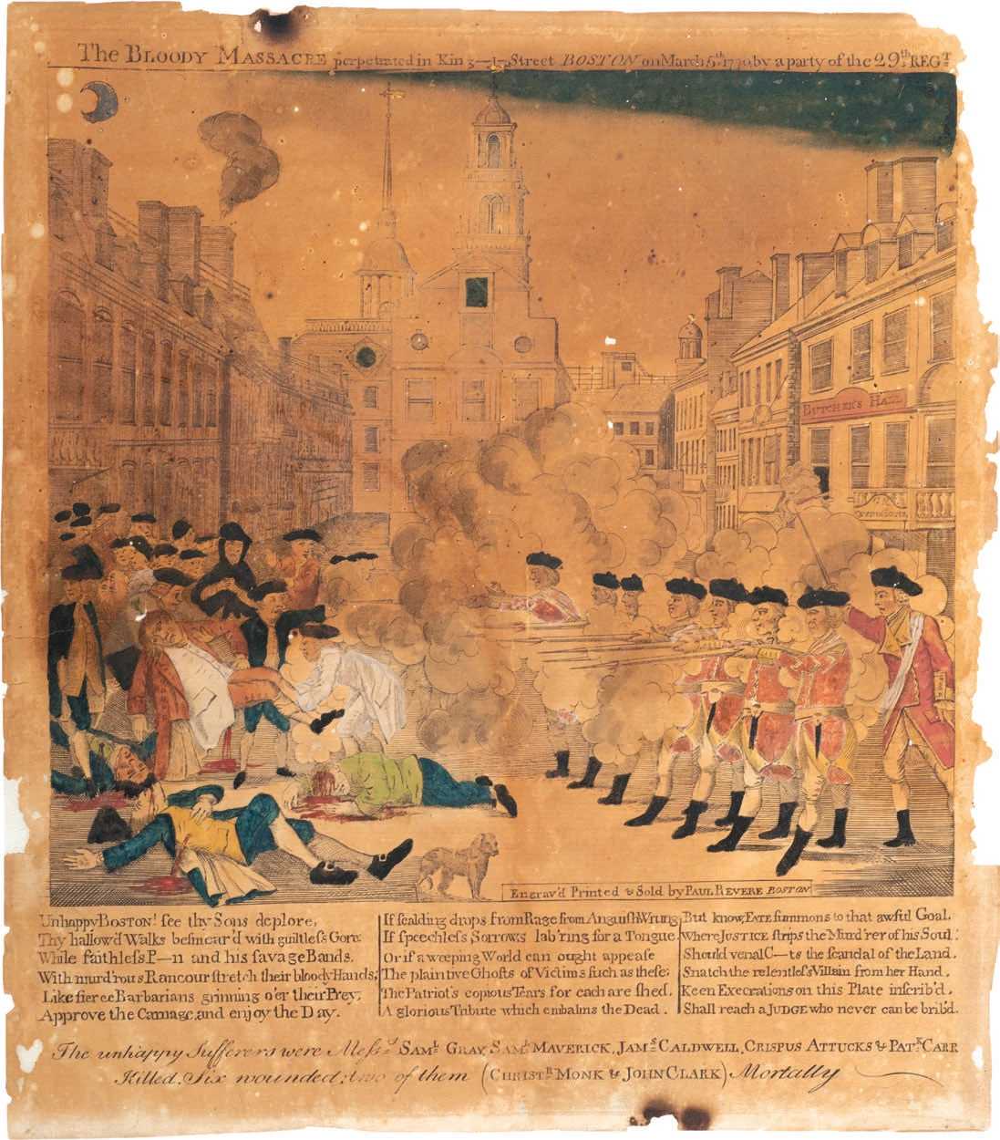 Engraving by Paul Revere shows colonists being shot at by British soldiers in what would be known as the Boston Masacre 