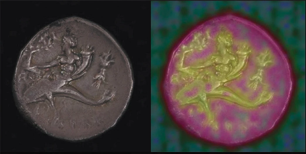 two Ancient Greek coins, the one on the left shows the coin and then the image on the right shows the same coin but also shows how AI maps the coin to detect unique attributes