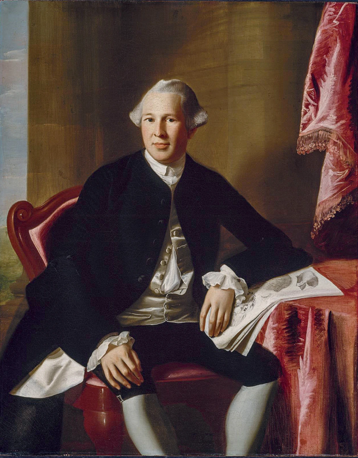 Painted portrait of General Joseph Warren in colonial clothing siting in a red chair with his arm on a table draped in a red table cloth