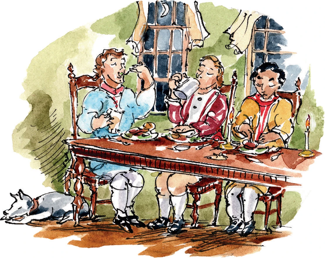 Illustration of three young men during colonial times drinking and eating 