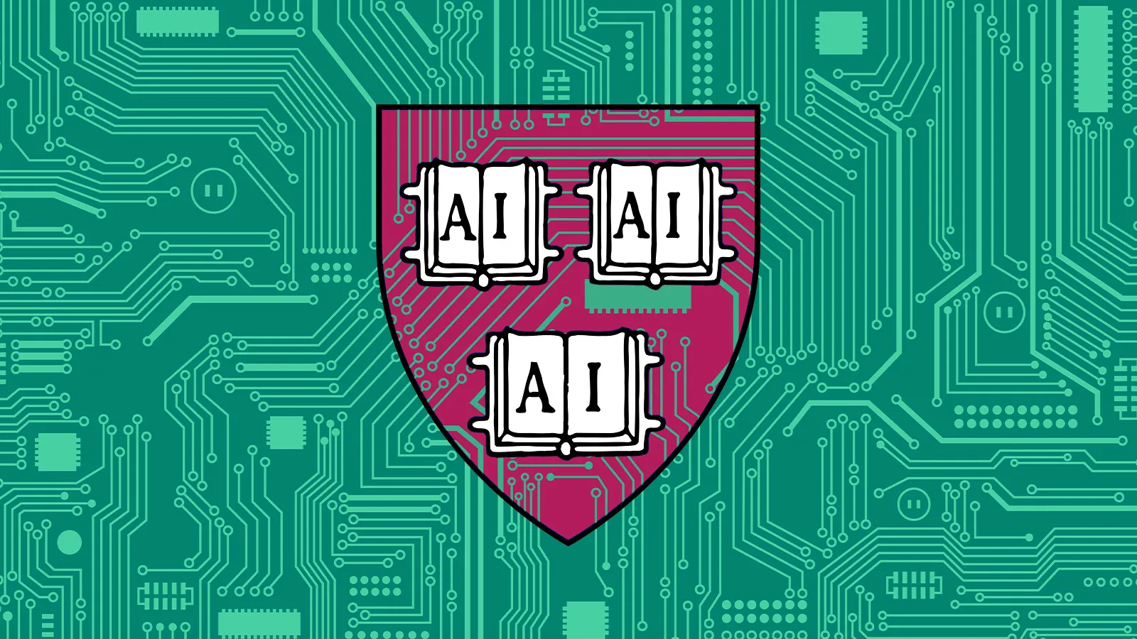 Harvard Shield against a green circuit board background with the letters on the seal replaced with "AI"