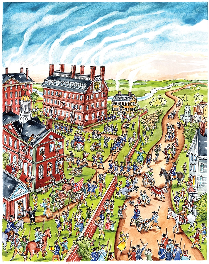 Illustrated birds-eye view of the Harvard College Campus and Cambridge during the American Revolution and the occupation of American soldiers