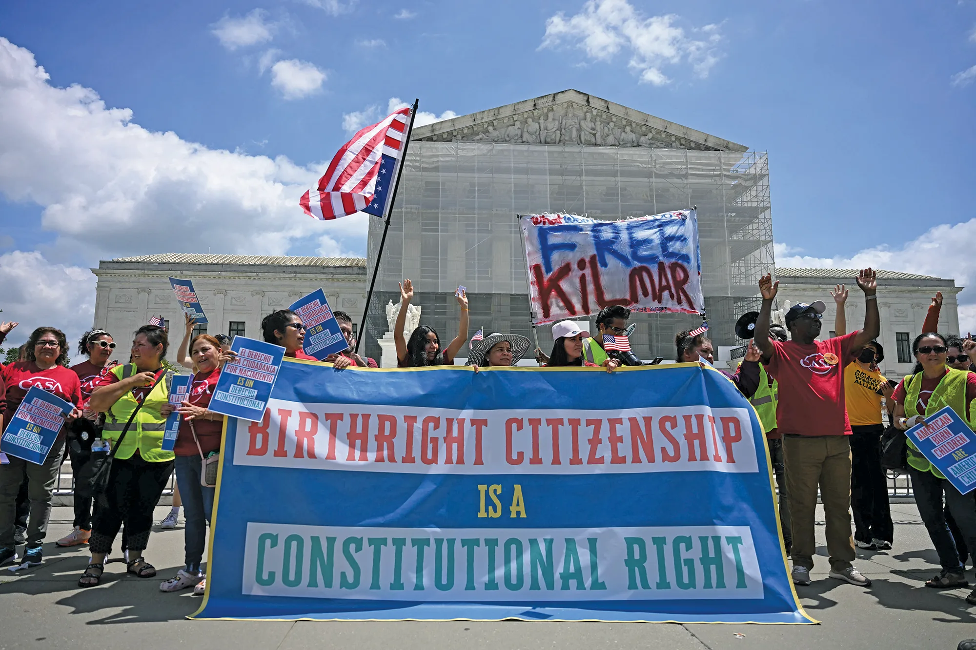 Group holding banner reading “Birthright Citizenship Is a Constitutional Right.”