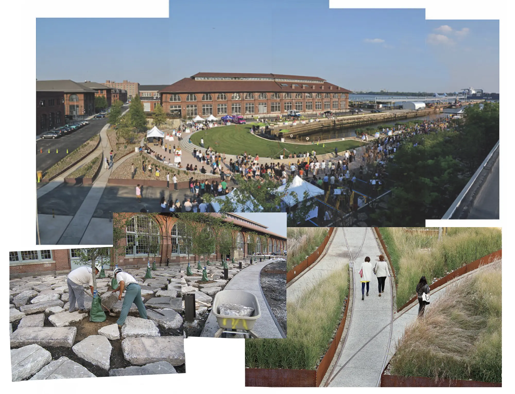 Collage of Philadelphia Navy Yard development showing crowds, pathways, and landscaping work in progress.