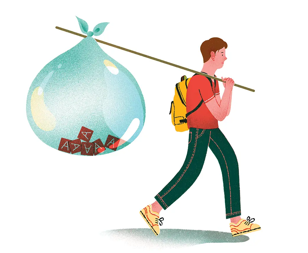 oung person walks carrying a stick over their shoulder with a tied sack filled with letter blocks.