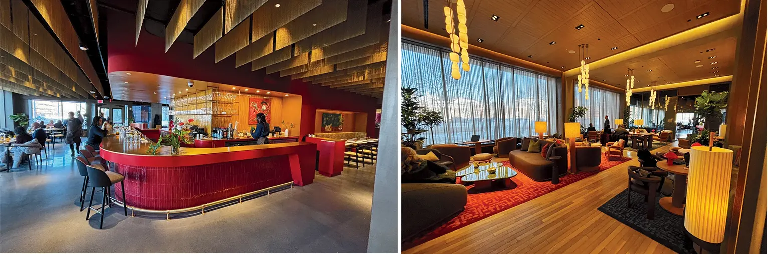 Ama restaurant and hotel lobby at the Atlas with red bar and lounge seating.