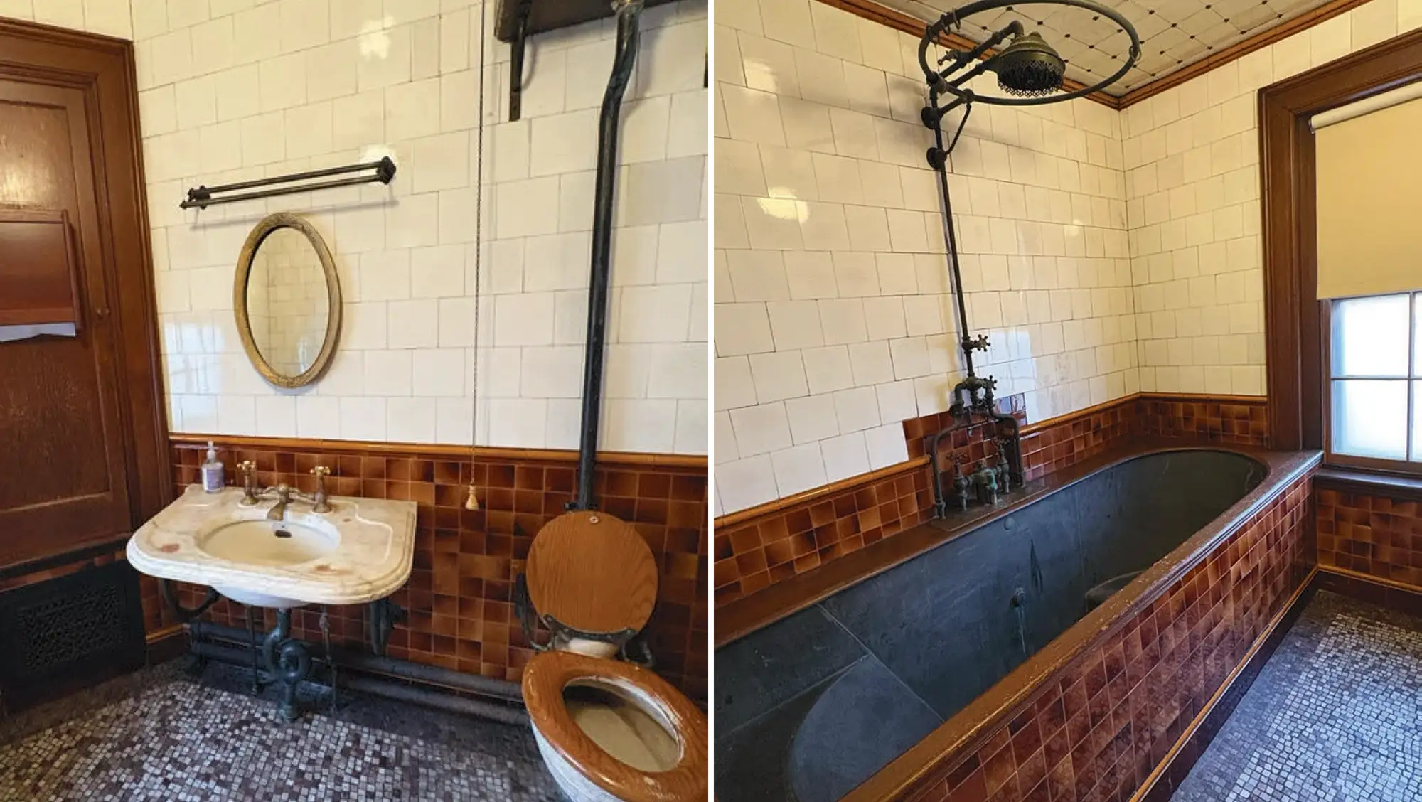 Warren’s bathroom with zinc-lined tub, marble sink, mosaic tile floor, and overhead-tank toilet.