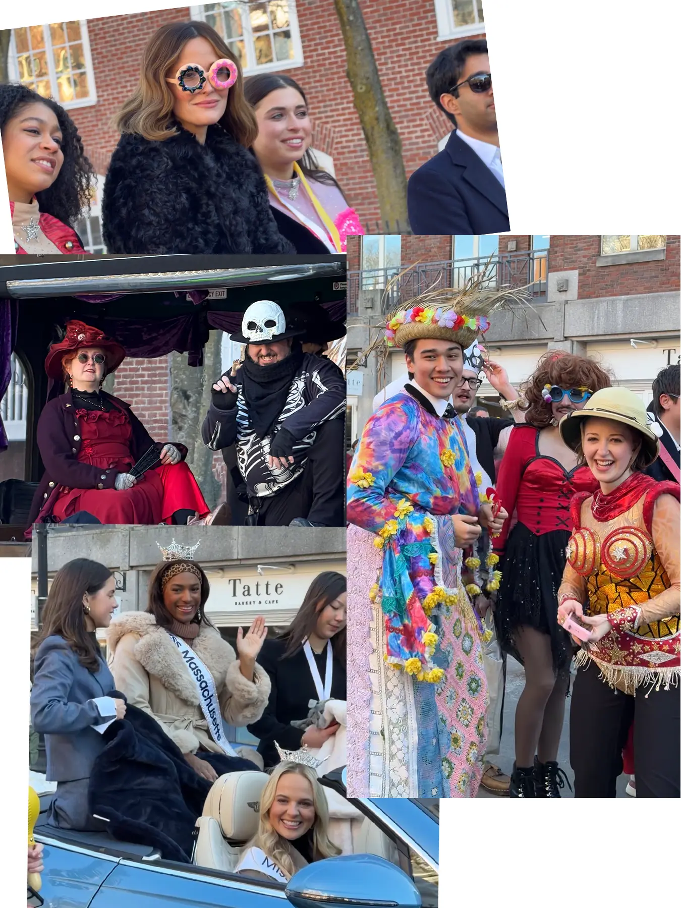Rose Byrne wearing a fur coat and fun glasses; parade participants including Hasty Pudding students wearing costumes and a ghost tour group