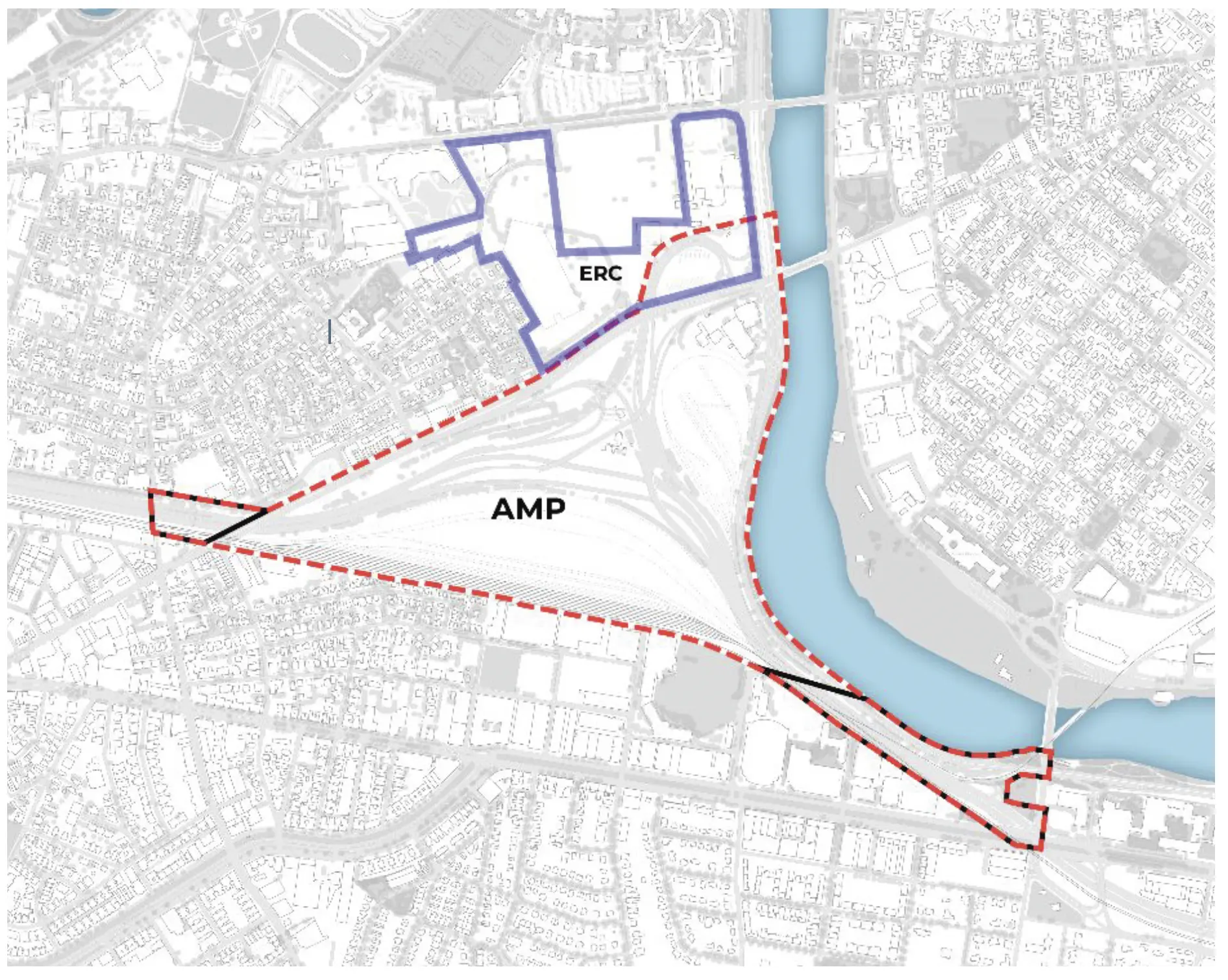 Planning map showing the overlap between the Allston Multimodal Project area and the Enterprise Research Campus, with boundaries and infrastructure zones marked along the Massachusetts Turnpike corridor.