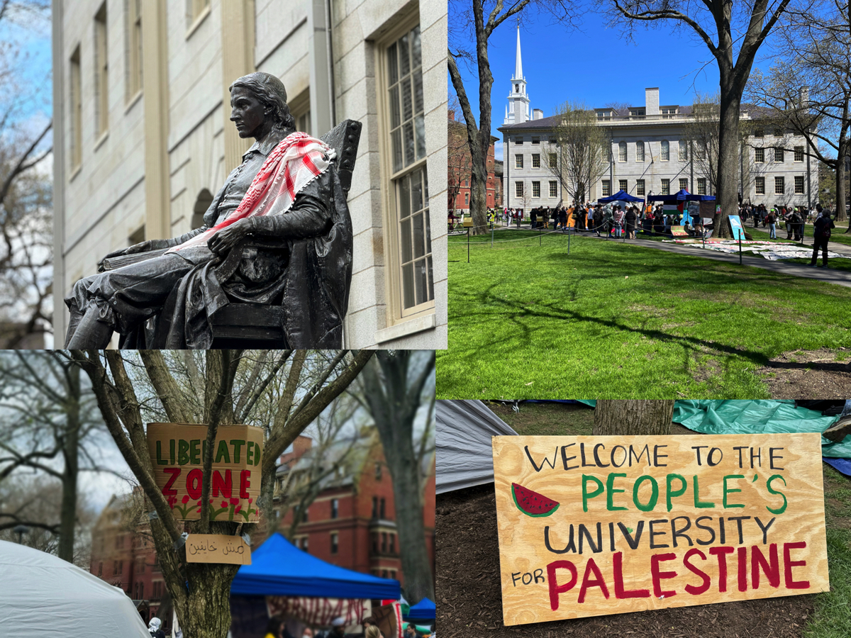 John Harvard statue, students setting up encampments, signs