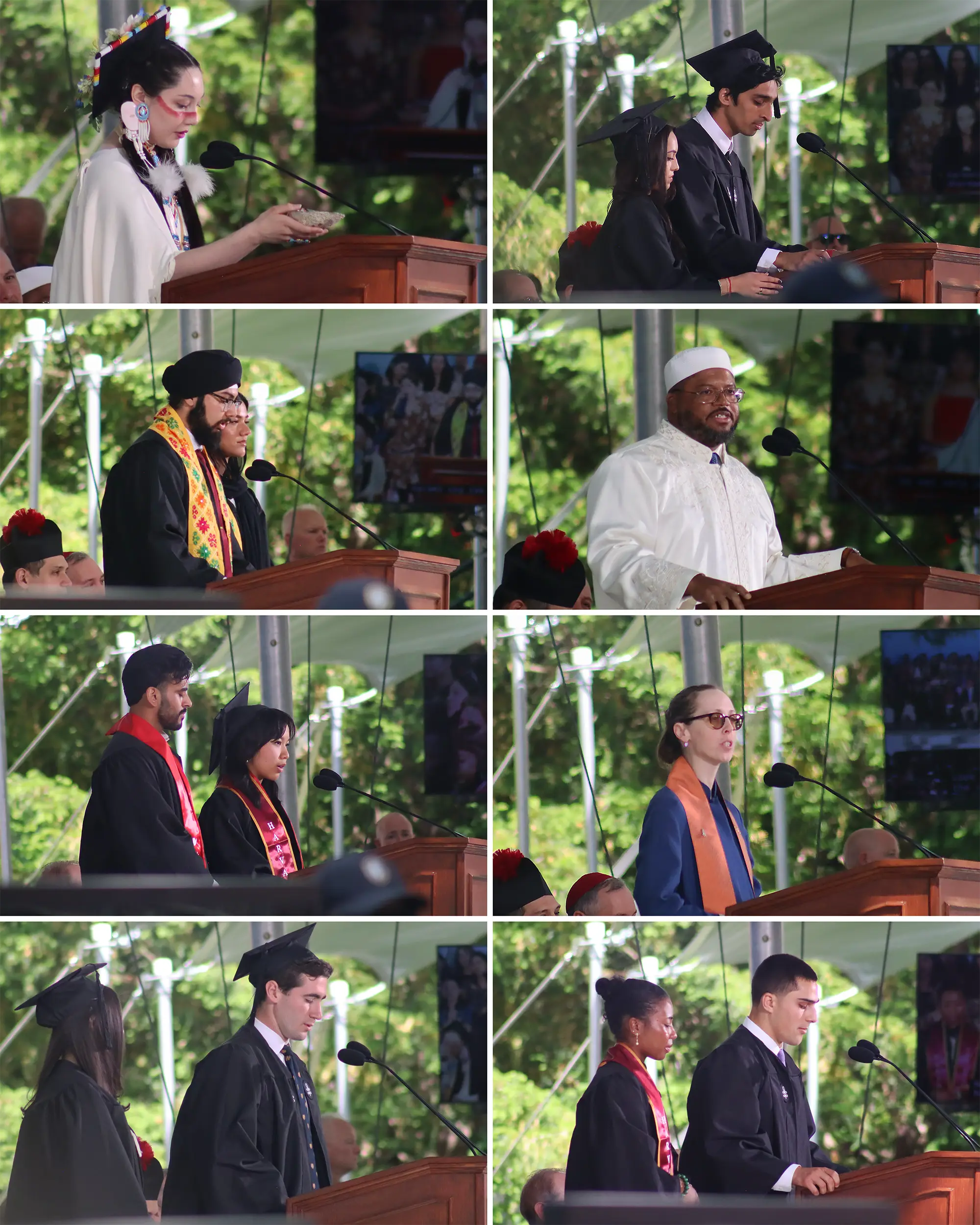 Graduates and religious leaders speak at a commencement podium during an outdoor ceremony.
