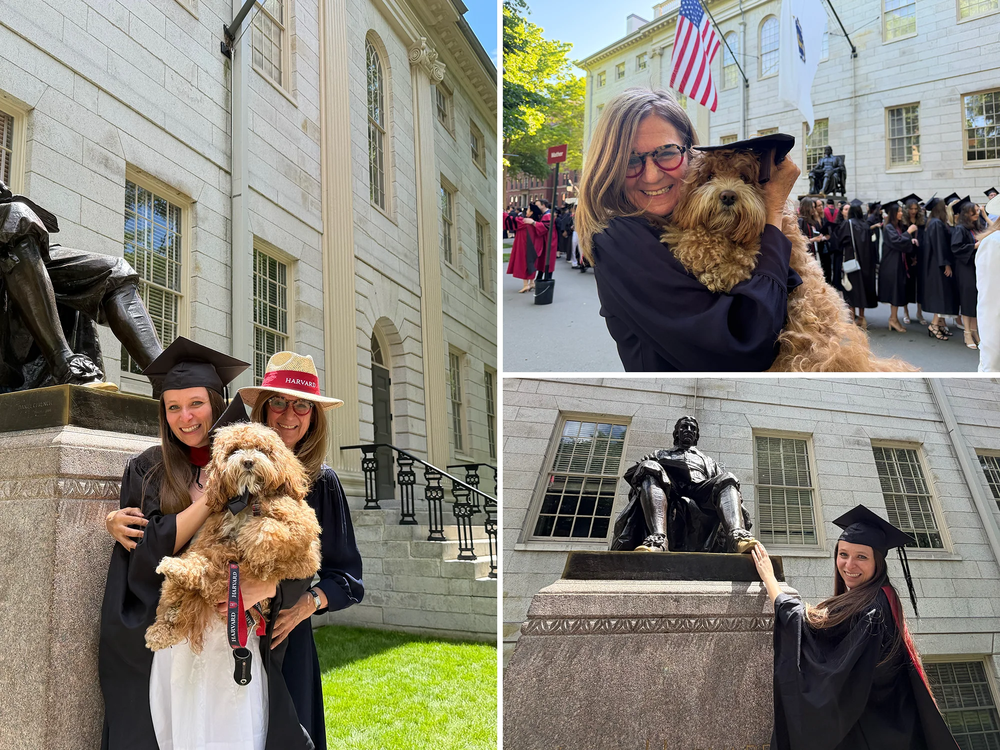 Harvard graduate celebrates with family and dog on campus near a statue.