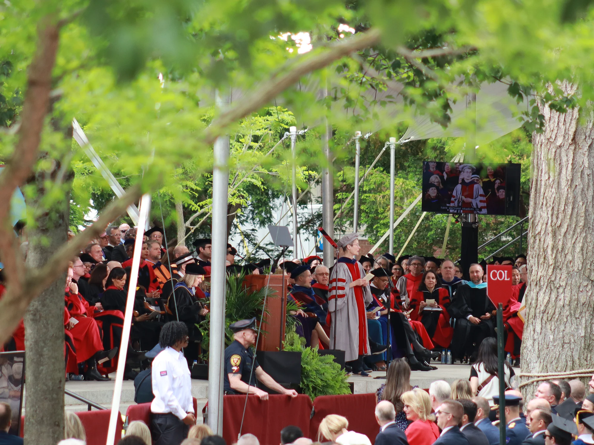 Tercentenary Theatre tree canopy over Harvard Commencement speakers on stage