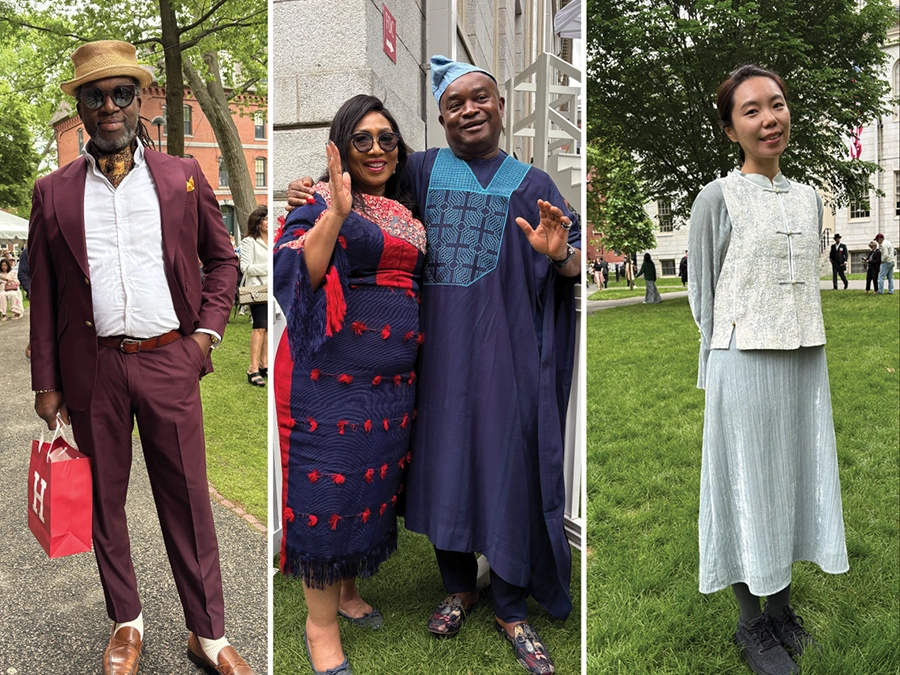  Who’s better dressed—the graduates or their friends and family? From left: Antonio Dangerfield, the father of Onovu Dangerfield ‘25; Chris Ugu and Caroline Beke, parents of Kasite Ugu-Beke, M.B.A. ‘25;; and Yiyi Zhang, whose husband, Ryan Pino, graduated with Ph.D. in comparative studies from the Committee on the Study of Religion 
