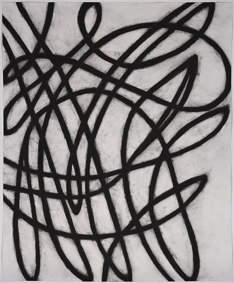Interwoven black curved lines creating a dense looping pattern on a white textured surface.