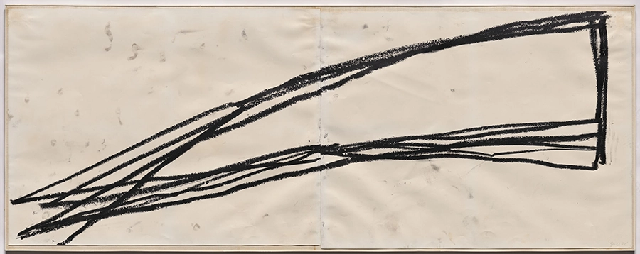 Thick black diagonal lines forming an abstract geometric shape on a cream-colored background.
