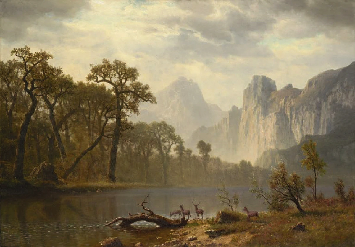 Landscape painting with trees, water and mountains