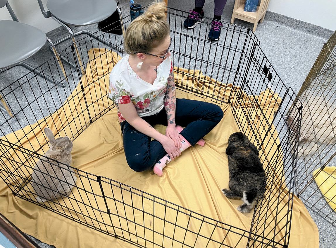 a woman sits cross-legged on the floor inside a circular metal pen, with two rabbits on either side of her 